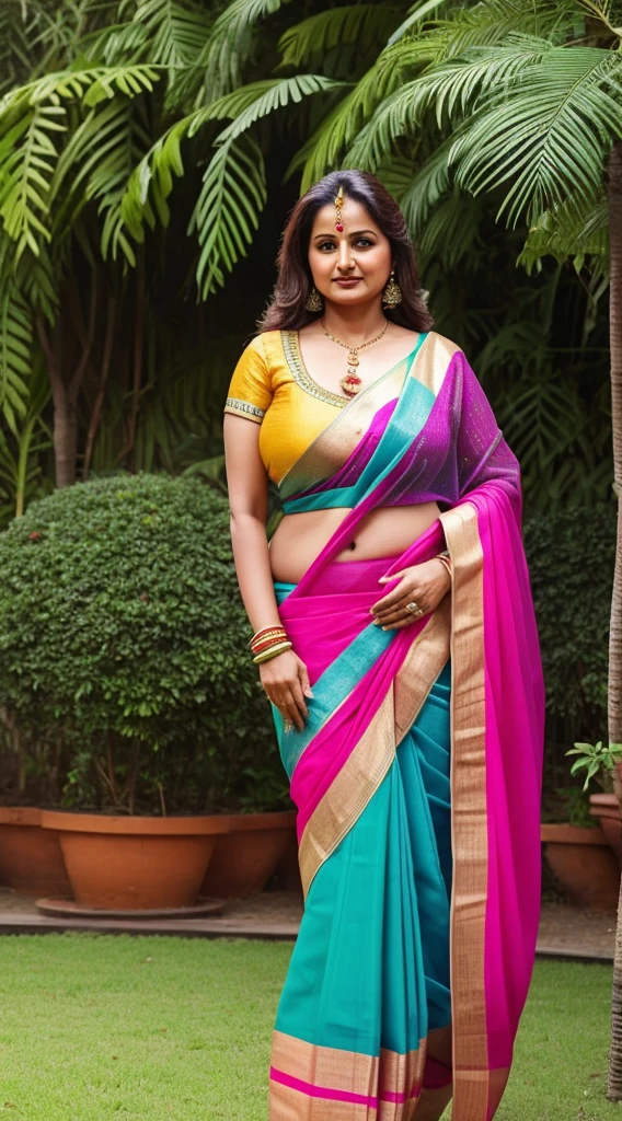 indian woman Jaya Prada wearing colorful sari in standing position garden background, hyper realistic, curvy plus size figure,big c-cup breats, head to thigh view,eye contact