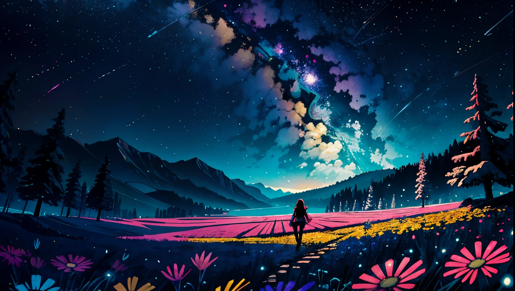fotografia de paisagem expansiva,(Olhe de baixo,Above is the sky,Below are the open fields),a girl standing on a flower field looking up,(lua cheia:1.2),(Meteoros:0.9),(Nuvem estelar:1.3),Montanha Far, tree BREAK making art,(Fonte de Luz Quente:1.2),(vaga-lume:1.2),lamp lights,Muito roxo e laranja,Detalhes complicados,volumetric lighting BREAK(tmasterpiece:1.2),(melhor qualidade),4k,Ultra - Detalhado,(dynamic compositions:1.4),rico em detalhes,infinidade de cores,(Cor irridescent:1.2),(com luz brilhante,Atmospheric Illumination),magical dream,magica,(solo:1.2)Meteoros
