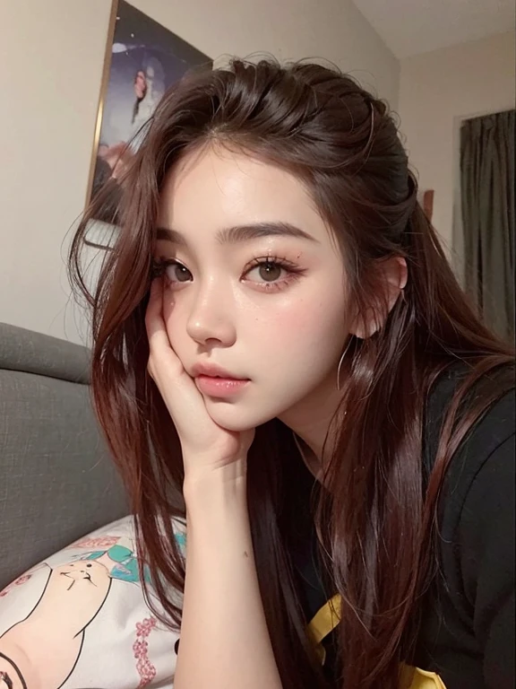 um close up de uma mulher com cabelos longos deitada em uma cama, south east asian with round face, young adorable korean face, jossi do blackpink, young cute wan asian face, com rosto redondo, menina coreana, wan adorable korean face, beautiful aesthetic face, Ulzzang, menina bonito-fino-cara, com bonito - fino - rosto, Mulher sul-coreana bonita