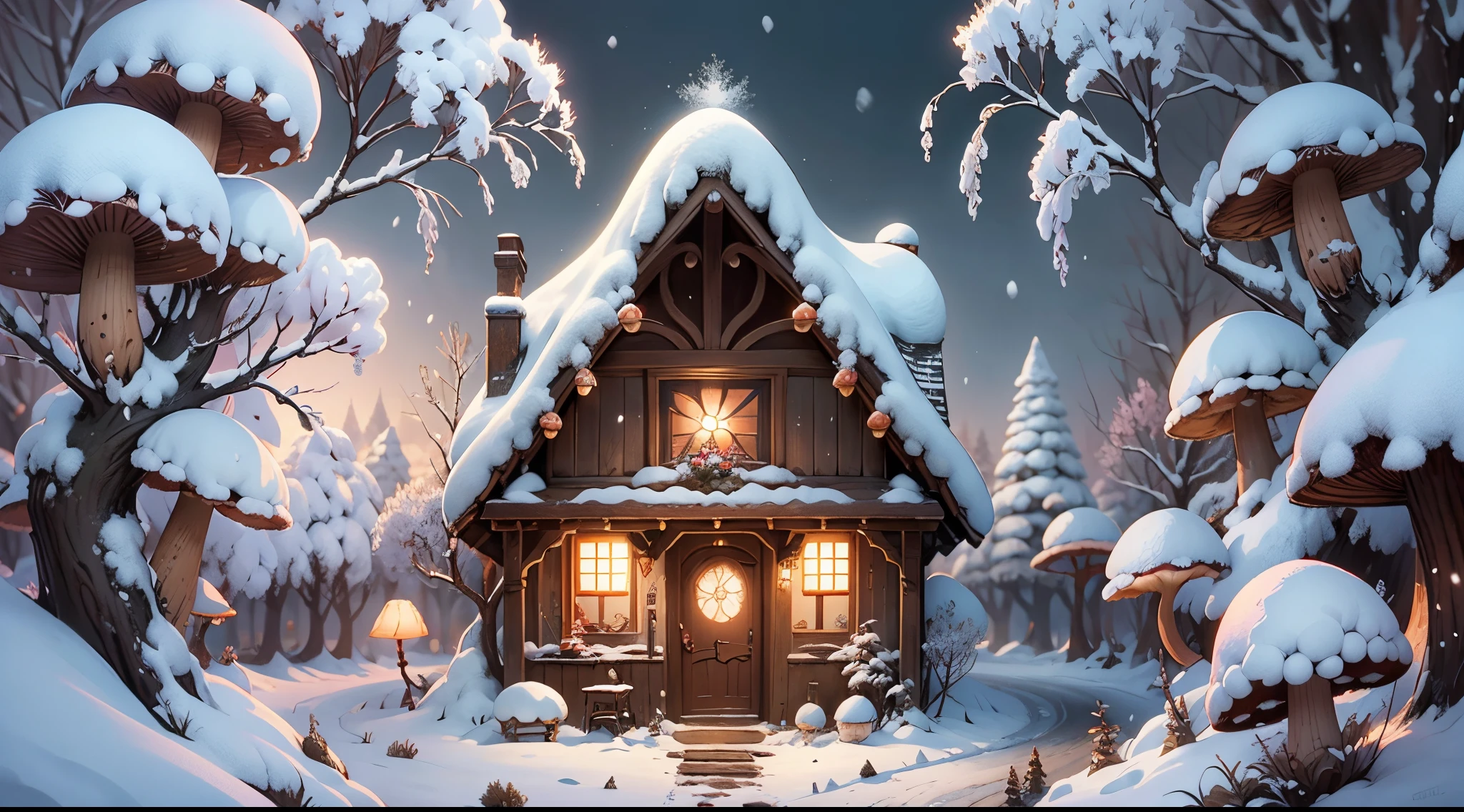 fairy tale picture book，Cogumelos，mushroom house，Oyuki，（snow cover：1.4），Winters，blossoms，a plant，high high quality，16K resolution，（Best quality at best），（tmasterpiece），ultra - detailed，Detailed pubic hair，Accurate