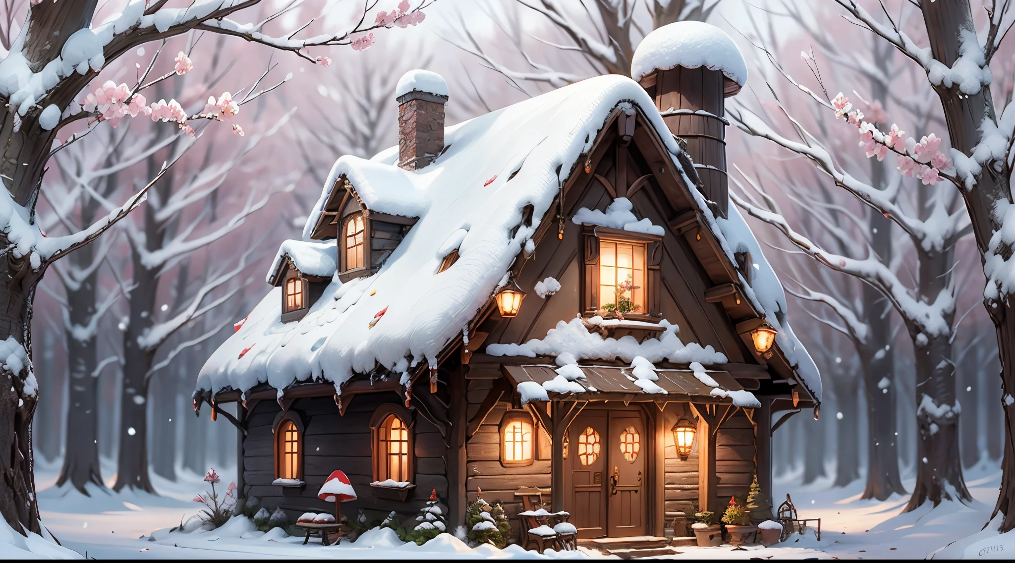 fairy tale picture book,Cogumelos,mushroom house,Oyuki,(snow cover:1.4),Winters,blossoms,a plant,high high quality,16K resolution,(Best quality at best),(tmasterpiece),ultra - detailed,Detailed pubic hair,Accurate