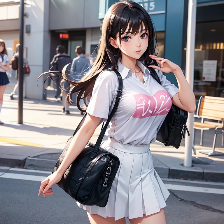 A woman wearing a blur top and white skirt, poses for a photo, A surreal schoolgirl, realistic school girl, seductive anime girls, A surreal schoolgirl, ECCHI anime style, Beautiful anime high school girl, animemanga girl, eechi, female student, beautiful alluring anime ,
