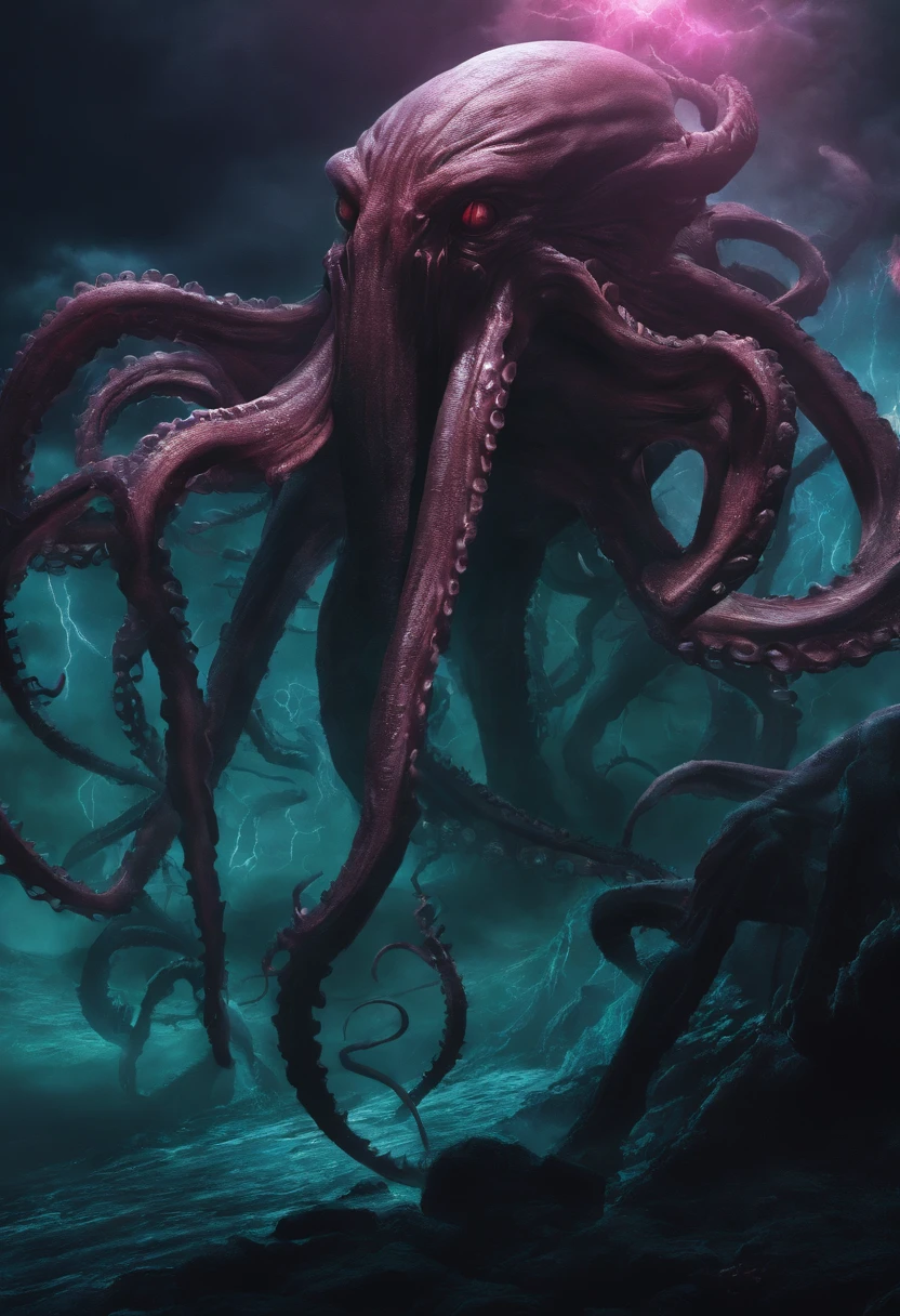 Giant octopus monster，Cthulhu in the Cthulhu Mythos，glowing light eyes，extreme hight detail，High chiaroscuro，4K，unreal 5 render，Best quality，tmasterpiece，Render by Octane，Looking directly at，extremely dangerous，The huge body is shocking，spread throughout the sky，The horror of despair，The atmosphere is oppressive，The spectacle is spectacular，Hero holding sword，Fight back bravely,real  face