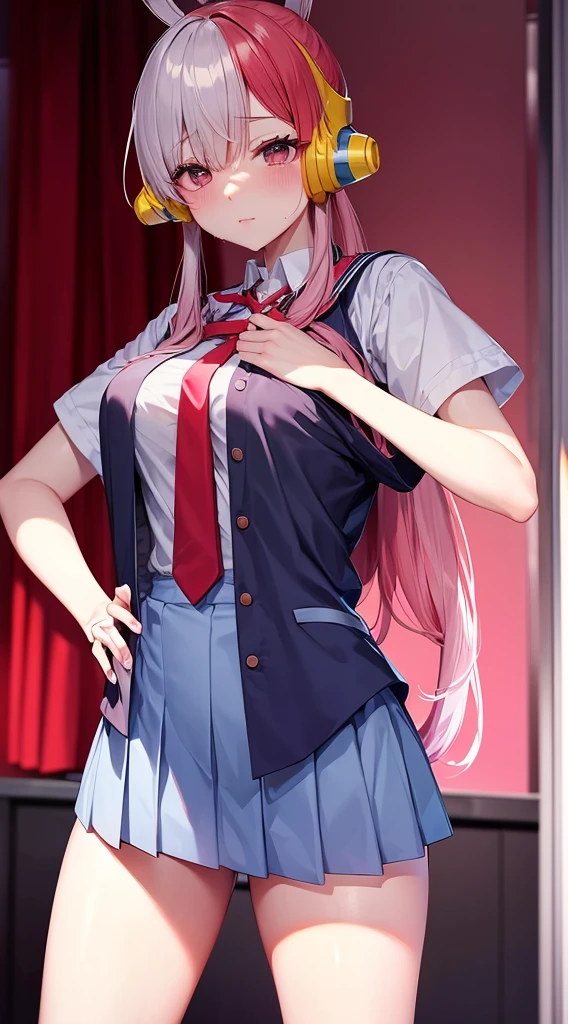masutepiece、Best Quality、hight resolution、tre anatomically correct、((JK school uniform))、a miniskirt、Classroom、(Vibrant colors:1.2)、(masterpiece:2.0)、onepiece、Uta、blanche、left red hair、right gray hair、Not wearing pants、divine spirit、Flushed cheeks、Beautiful girl in every detail、Body shining with sweat、Wet、Seductive thighs、sexy pose、Hair above one eye