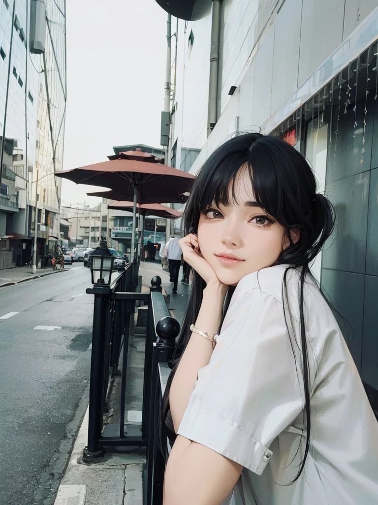 (tmasterpiece, It's a perfect face) black hair color hair, 18yo Girl, In a white blouse shirt, During the day, streets background,quadratic element,Japanese anime,Cartoonish,Animation style