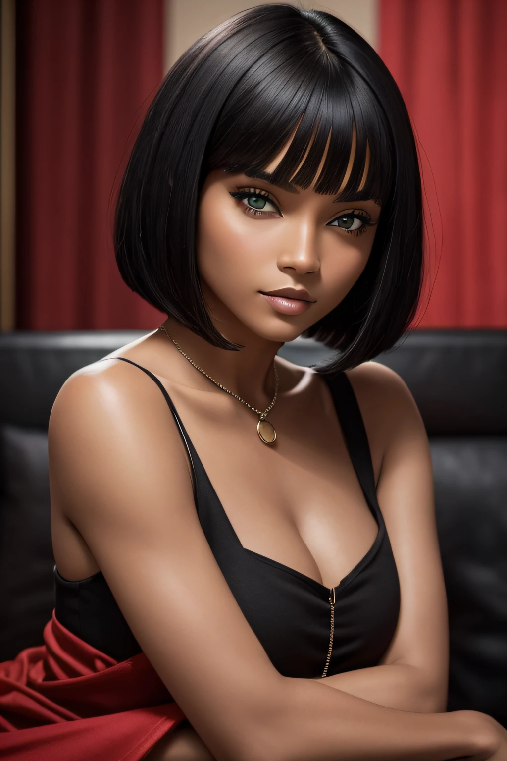 Woman. Black hair. Green eyes. Island appearance. Brown skin. Bob haircut. Tricky glance. Red rich doublet.