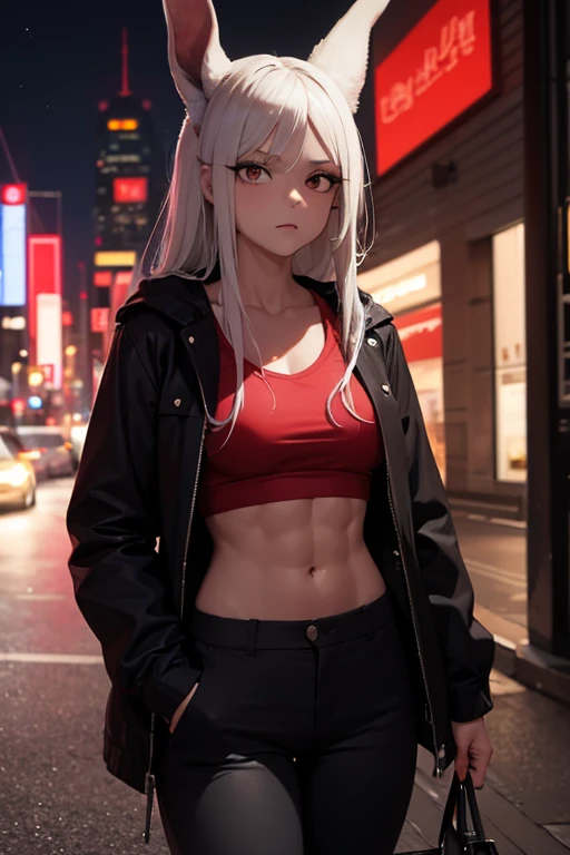 Mirko Mha, 1girl,solamente,hembra de piel oscura, dark skin, senos grandes,chaqueta recortada,Abs, 鎖骨, pantalones de yoga, Brecha entre el muslo, muslos gruesos, black pant,Mirando al espectador, Noche, Crimson Red Theme,Paisaje urbano,cyberpunk, Orejas de conejo, rabbit girl, cana, Cabello largo, musculoso femenino, ojos rojos,