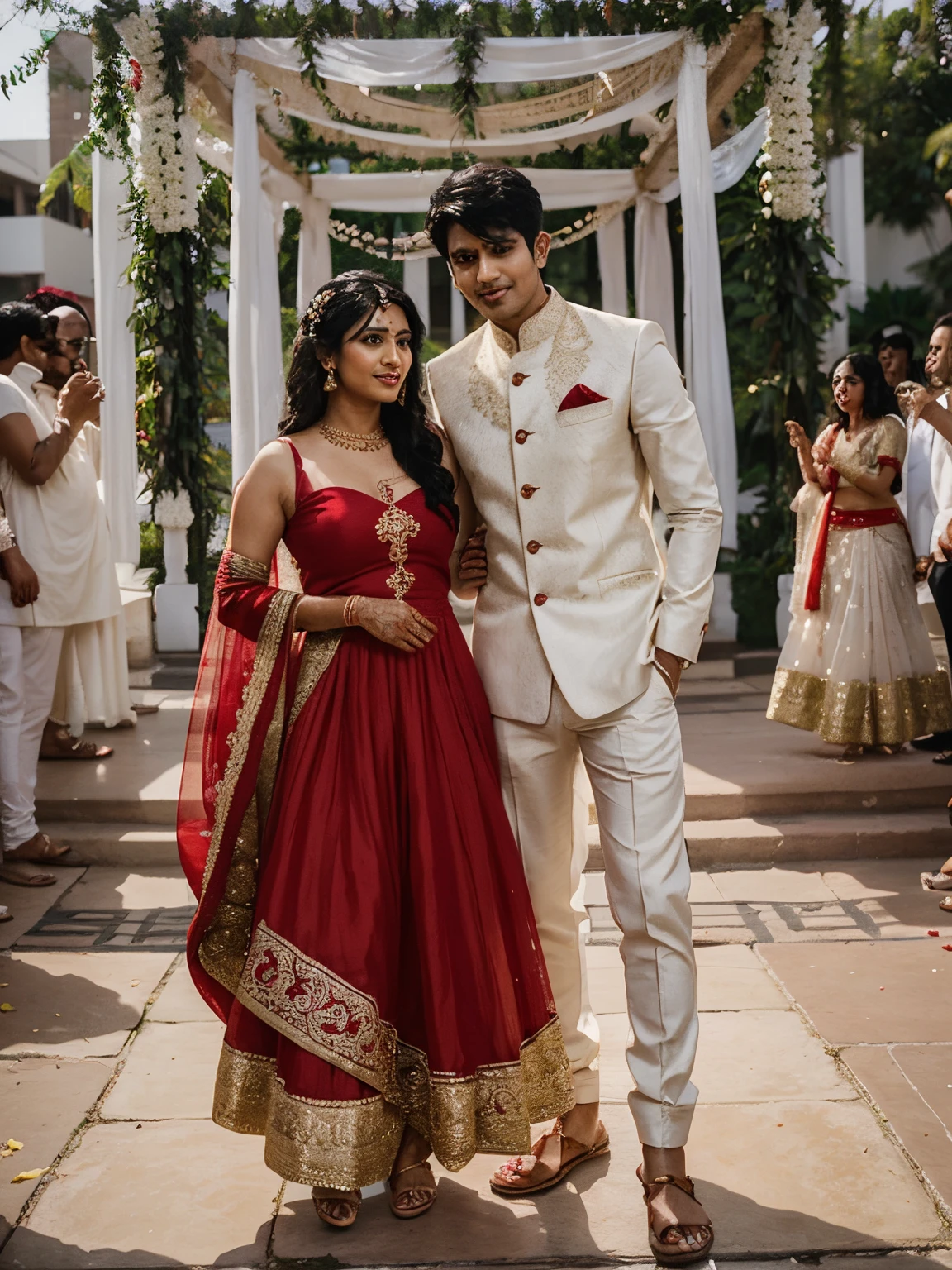 26 year old couple indian wedding, red dress, white salvar kameez short black hair, long black curly hair