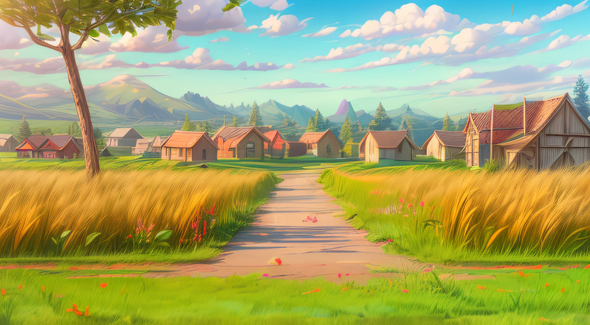 low image contrast, low brightness, ((sunlight from the upper-top Left:1.5)), Pixar, 3d animation, 3d render, a farm in the countryside, afternoon daylight with long shadow, A field of yellow wheat, There is green grass growing in the bed of the wheat field and beneath of wheats, (cartoonish dirt road cuts through the field:1.3), a large tree. The barn has a red and some whit, in the left bottom corner there is grassland, high detail rendering, Vary rendering, Arnold render, Artistic 3d render, profession CG shooting, artistic composition, professional Framing, sharp and high detail image, vivid colors, daylight, highly detailed, film grain, crystal clear, intricate, smooth, elegant, masterpiece, 4k, 8k, GI lighting, hyper detailed, HD