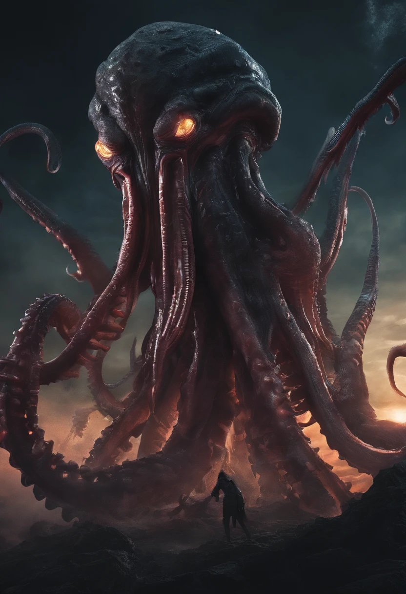 Giant octopus monster，Cthulhu in the Cthulhu Mythos，glowing light eyes，extremly high detail，High chiaroscuro，4K，unreal 5 render，Best quality at best，tmasterpiece，Rendered by Octane，Looking directly at，extremely dangerous，The huge body is shocking，spread throughout the sky，The horror of despair，The atmosphere is oppressive，The scene is very spectacular，Hero holding sword，Fight back bravely,real  face