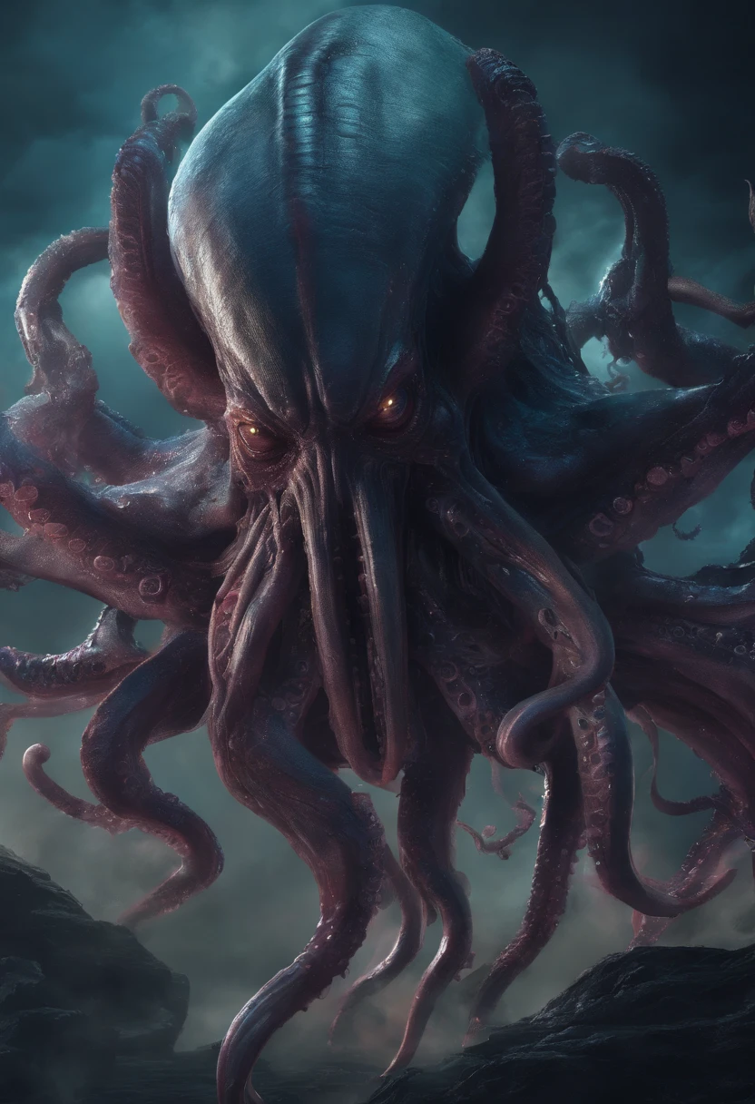 Giant octopus monster，Cthulhu in the Cthulhu Mythos，glowing light eyes，extremly high detail，High chiaroscuro，4K，unreal 5 render，Best quality at best，tmasterpiece，Rendered by Octane，Looking directly at，extremely dangerous，The huge body is shocking，spread throughout the sky，The horror of despair，The atmosphere is oppressive，The scene is very spectacular，Hero holding sword，Fight back bravely,real  face