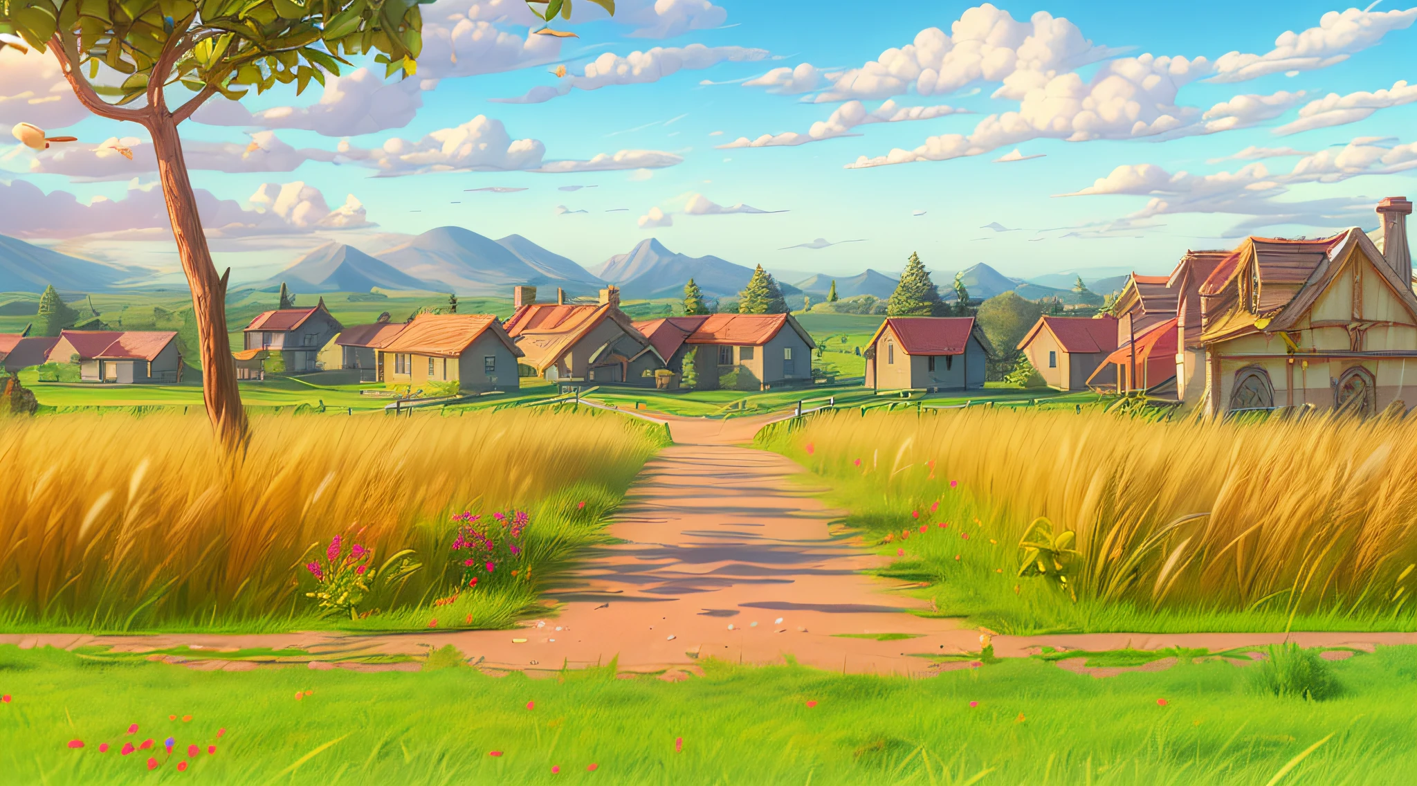 low image contrast, low brightness, ((sunlight from the upper-top Left:1.5)), Pixar, 3d animation, 3d render, a farm in the countryside, afternoon daylight with long shadow, A field of yellow wheat, There is green grass growing in the bed of the wheat field and beneath of wheats, (cartoonish dirt road cuts through the field:1.3), a large tree. The barn has a red and some whit, in the left bottom corner there is grassland, high detail rendering, Vary rendering, Arnold render, Artistic 3d render, profession CG shooting, artistic composition, professional Framing, sharp and high detail image, vivid colors, daylight, highly detailed, film grain, crystal clear, intricate, smooth, elegant, masterpiece, 4k, 8k, GI lighting, hyper detailed, HD