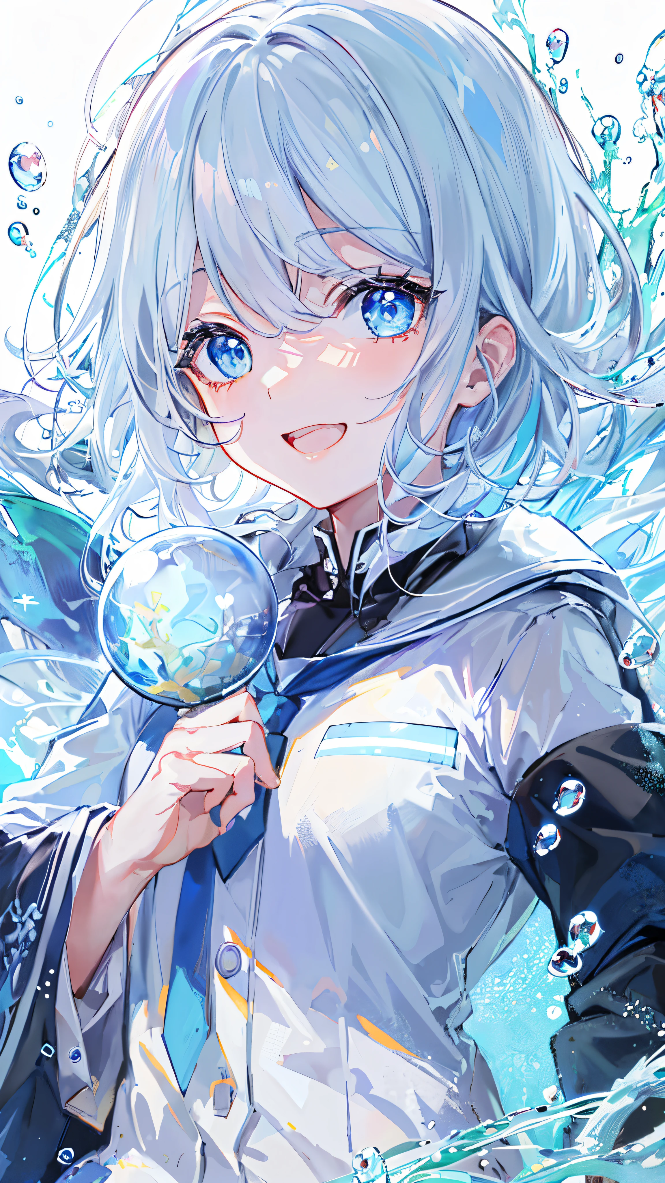 ((top-quality)), ((​masterpiece)), ((ultra-detailliert)), (Extremely delicate and beautiful), girl with, 独奏, cold attitude,((Black jacket)),She is very(relax)with  the(Settled down)Looks,depth of fields,Evil smile,Bubble, under the water, Air bubble,Underwater world bright light blue eyes,inner color with bright gray hair and light blue tips,,,,,,,,,,,,,Cold background,Bob Hair - Linear Art, shortpants、knee high socks、White uniform like school uniform、Light blue ribbon ties、Clothes are sheer、Hands in pockets、Bright eyes like sapphire,Fronllesse Blue, A small blue light was floating、fantastic eyes