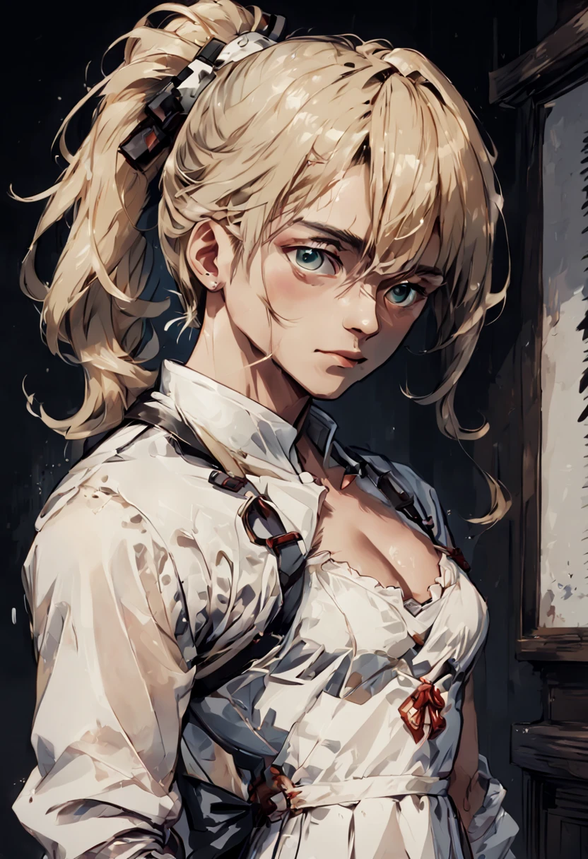 Beautiful young man with blond hair,Two-dimensional beautiful girl with long hair tied in a ponytail,Wearing a white dress,Anime-inspired touch,illustratio,Portrait illustration facing the front