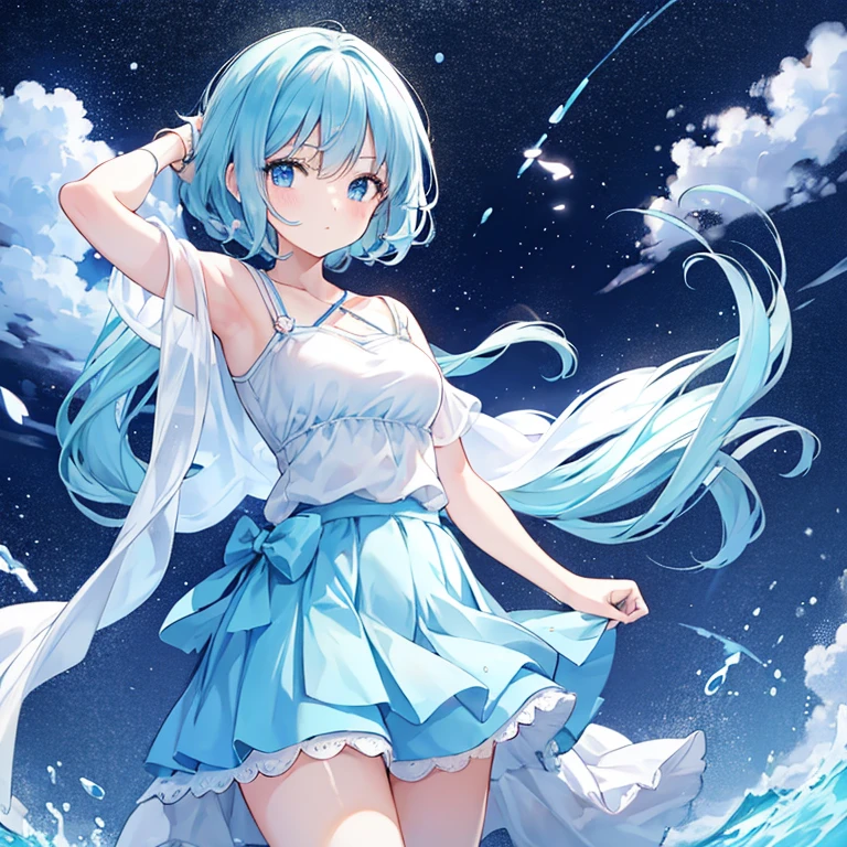 A woman wearing a light blue top and white skirt, poses for a photo, animemanga girl, beautiful alluring kawaii anime teen,