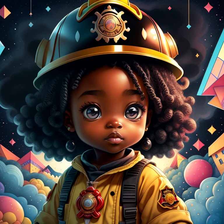 (cute black baby girl with firefighter helmet), Munchkin ,Geometric multidimensional wall portrait, livro de arte, Tchibi,
Yang08k, Beautiful, Colouring,
Obras, of the highest quality, best quality, Arte Oficial, Beautiful and Aesthetic,