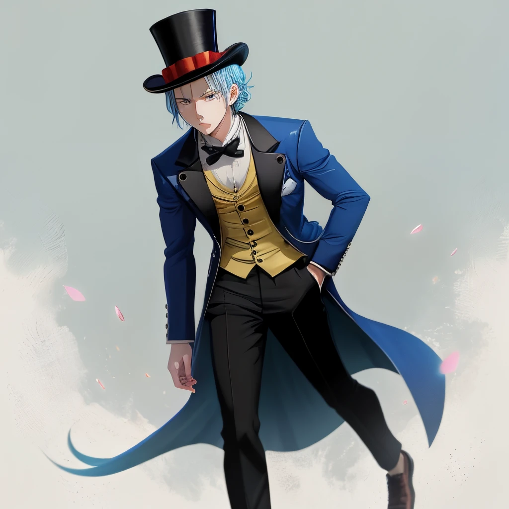 anime one piece season 8 cute girl。Light blue hair, long ponytail, left eye hidden by bangs。
His eyes are blue and droopy, and he wears a top hat on his head, dressed like a magician.。 Full body illustration