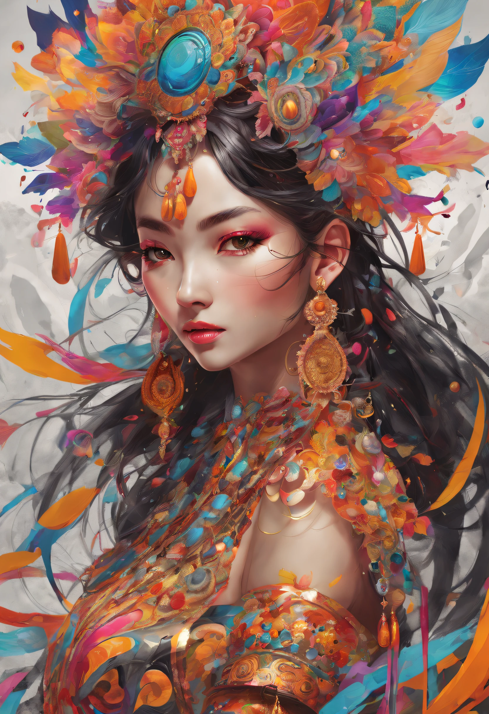 Look at viewer, (Artistic Marvel, Top-Quality Rendering, Unmatched Artistry, Officially Approved Art, Aesthetically Pleasing: 1.2), (Single Female Subject: 1.3), Exceedingly Detailed, (Fractal Symphony: 1.1), (Explosive Colors: 1.1), Maximum Detail Precision, (Zentangle Mastery: 1.2), (Dynamic Pose), (Abstract Grandeur: 1.5), (Japanese Garb: 1.2), (Luminous Skin), (Multichromatic Radiance: 1.4), (Elaborate Earrings: 1.4).