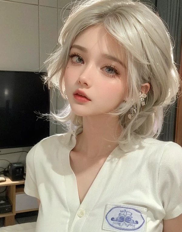 Mulher loira com uma camisa branca e brincos posando para uma foto, com cabelos curtos, branco hime corte penteado, com cabelo branco curto, O corte Hime, her hair is white, Heonhwa Choe, Cai Xukun, pale hair, Sakimichan, Shikami, com cabelos brancos curtos e bobbed, cabelos loiros curtos