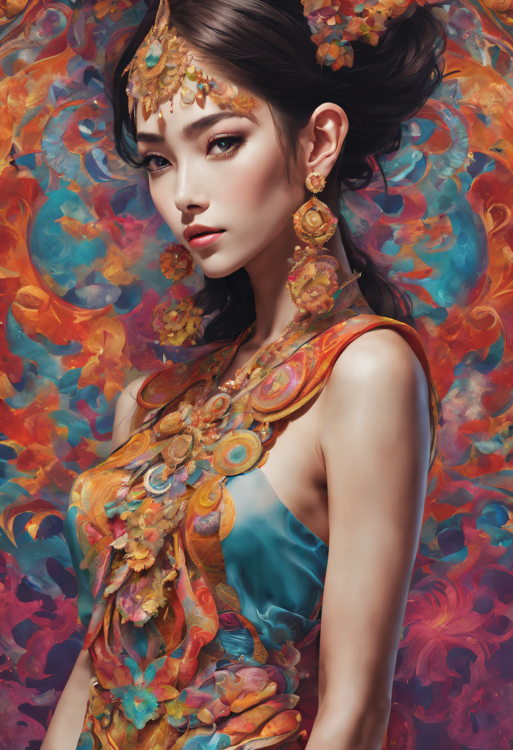 Look at viewer, (Artistic Marvel, Top-Quality Rendering, Unmatched Artistry, Officially Approved Art, Aesthetically Pleasing: 1.2), (Single Female Subject: 1.3), Exceedingly Detailed, (Fractal Symphony: 1.1), (Explosive Colors: 1.1), Maximum Detail Precision, (Zentangle Mastery: 1.2), (Dynamic Pose), (Abstract Grandeur: 1.5), (Japanese Garb: 1.2), (Luminous Skin), (Multichromatic Radiance: 1.4), (Elaborate Earrings: 1.4).