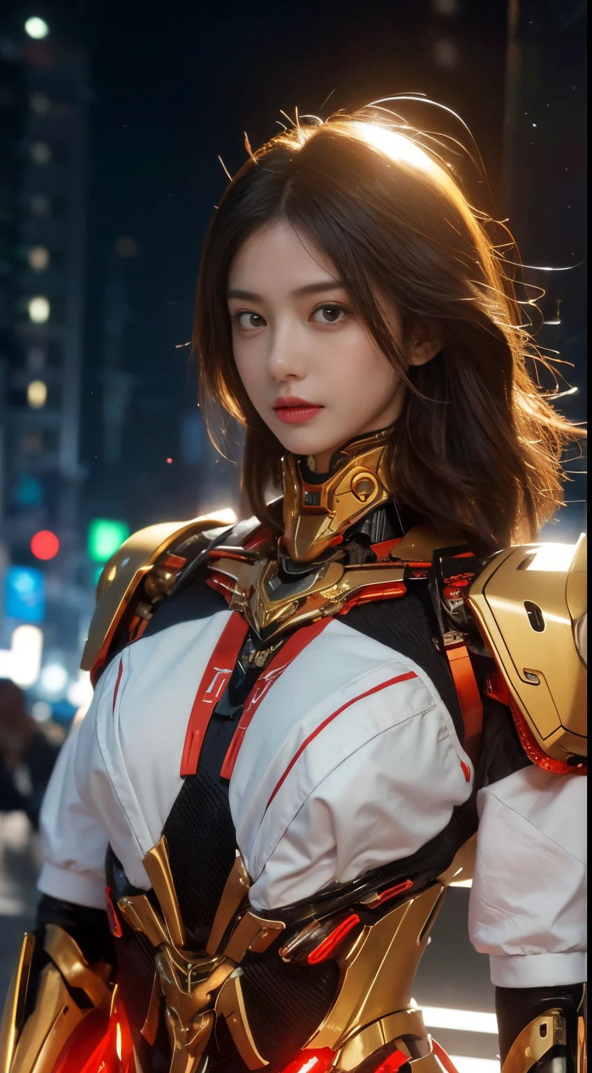 (1 Mechanical Girl)、top-quality、​masterpiece、超A high resolution、(Photorealsitic:1.4)、Raw photo、女の子1人、Golden hair、glowy skin、(((1 Mechanical Girl)))、（LED Lamp Mechanical Helmet）、(Small LED)、((super realistic details))、portlate、globalillumination、Shadow、octan render、8K、ultrasharp、Colossal tits、Raw skin is exposed in cleavage、metals、Details of complex ornaments、Japan details、highly intricate detail、Realistic light、CGSoation Trends、Red Eyes、radiant eyes、Facing the camera、neon details、(Mechanical limbs)、(blood vessels connected to tubes)、Mechanical vertebrae attached to the back、mechanical cervical attaching to neck、(Wires and cables connecting to the head)、Gundam、Small LED、,Mechanical thighs、Toostock、