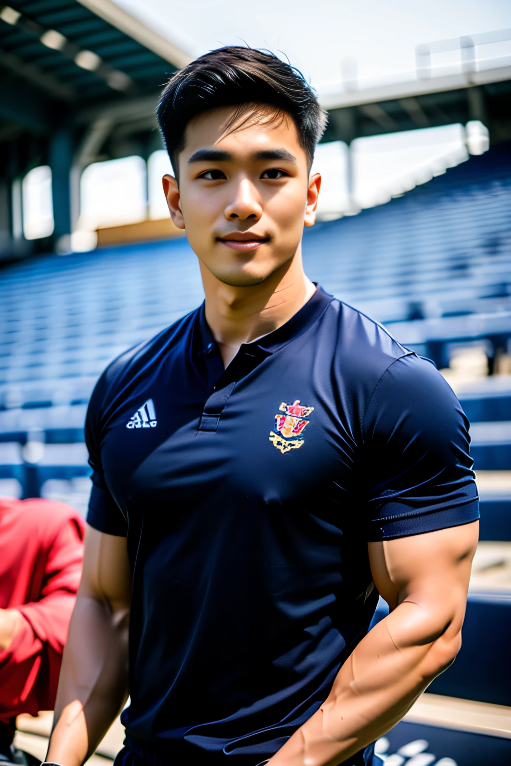 1 man, smile, (Wear a navy blue short-sleeved rugby shirt..), Navy Cargo Pants, Young Korean , Korean Men, (High shadow detail), Pectoral muscles, Big arm muscles, blood vessel, Big muscles, Wide shoulders, looking at the audience, balance eyes, (eye contact), stadium