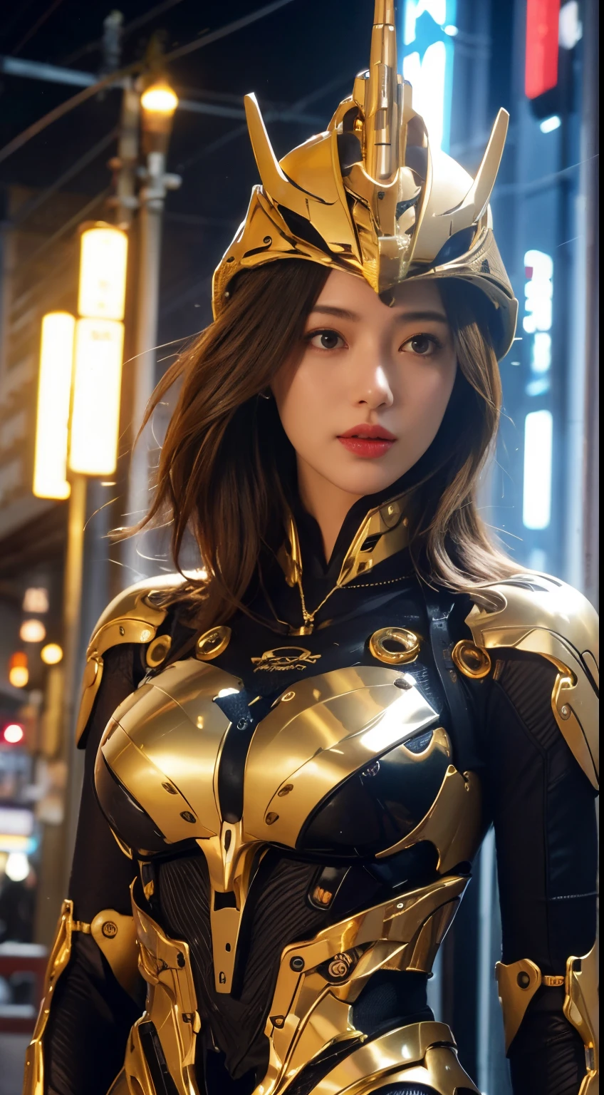 (1 Mechanical Girl)、top-quality、​masterpiece、超A high resolution、(Photorealsitic:1.4)、Raw photo、1人、Golden hair、glowy skin、(((1 Mechanical Girl)))、（LED Lamp Mechanical Helmet）、(Small LED)、((super realistic details))、portlate、globalillumination、Shadow、octan render、8K、ultrasharp、Colossal tits、Raw skin is exposed in cleavage、metals、Details of complex ornaments、Japan details、highly intricate detail、Realistic light、CGSoation Trends、Red Eyes、radiant eyes、Facing the camera、neon details、(Mechanical limbs)、(blood vessels connected to tubes)、Mechanical vertebrae attached to the back、mechanical cervical attaching to neck、(Wires and cables connecting to the head)、Gundam、Small LED、,Mechanical thighs、Toostock、
