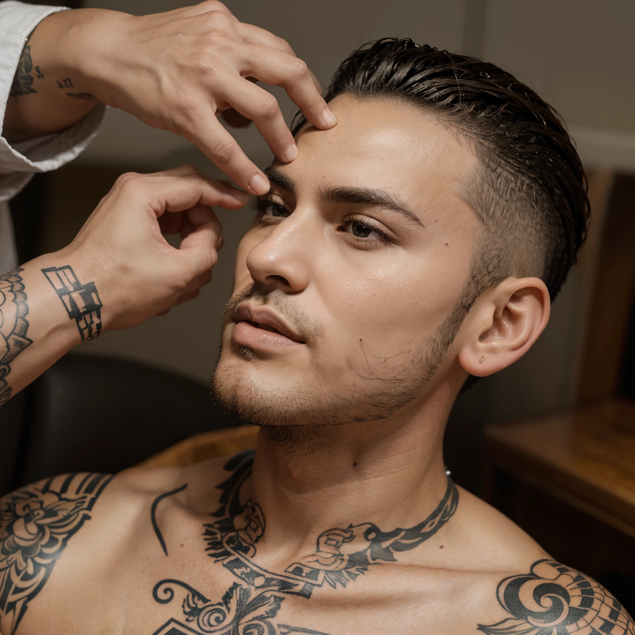 there is a man sitting in a barber chair with a tattoo on his head, intenso trabalho de linha, linha forte, symmetrical long head, Estilo de tatuagem, detailed and sharp, corte de cabelo raspado, estilo detalhado, linha pesada, shaved head, linha afiada, corte de cabelo moderno, sharp and detailed, professional unique master piece, templo raspado, corte