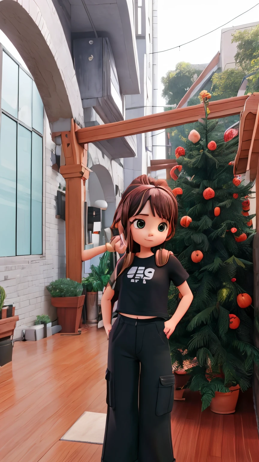A selfie with a girl wearing black crop tee and gren wide long pants