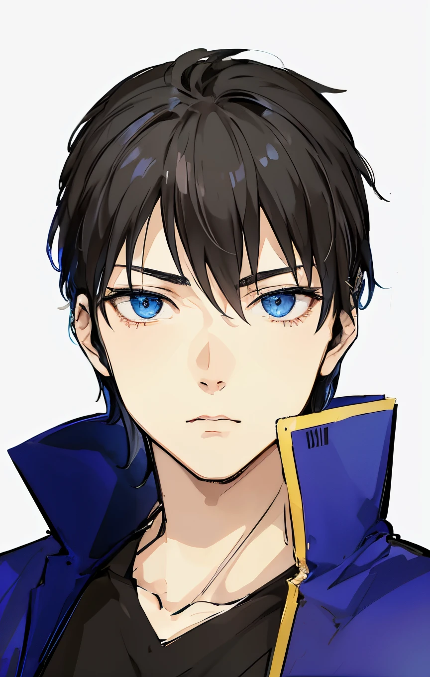 anime boy with blue eyes and black hair wearing a blue jacket, tall anime guy with blue eyes, nobutaka ike, anime handsome man, anime portrait of a handsome man, male anime character, young anime man, male anime style, hijikata toushirou, beautiful androgynous prince, anime moe artstyle, high detailed face anime, handsome anime eyes