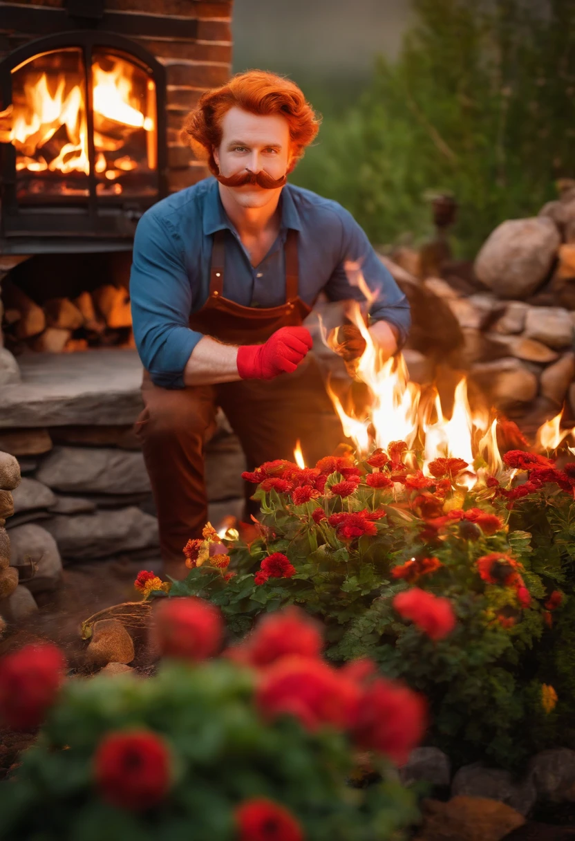 A close-up of FireplaceFrank wearing fire-themed gardening gloves and planting fire-resistant flowers in a flower bed near a stone fireplace.,original,FireplaceFrank has red hair and a handlebar moustache, male