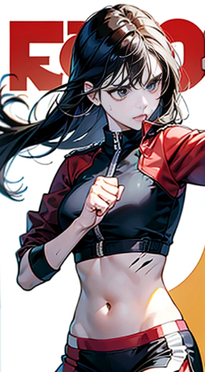 Cover your stomach with your left hand ，her mouth is bleeding，Navel-baring combat uniform，Martial artist，Cover your stomach with one hand，One hand clenched into a fist