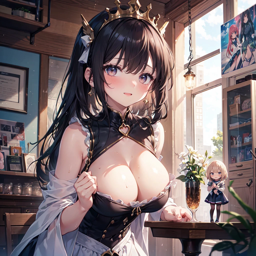 (height_difference:1.5), (size_difference:1.2), princess bedroom, cute princess bedroom, she is looking down at her, she is looking down, a giantess looking down at a minigirl, a giantess with a minigirl below her breasts, she is looking down at her, (giantess:1.5), smug, :3, (1girl:1.2), solo, female focus, cleavage, shiny skin, a crowd of people on a table below the breasts of a giantess, a crowd of people on a platform in front of the breasts of a giantess, (multiple_girls:1.1), (rear end:1.2), (minigirl:1.5), (minigirl on a table: 1.1), sweaty, brown_skinned