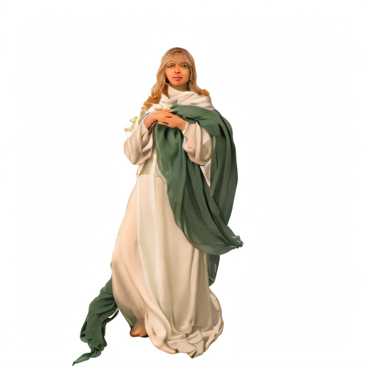 refazer essa imagem ultra realista, woman in white dress and green scarf, hands on chest blonde hair