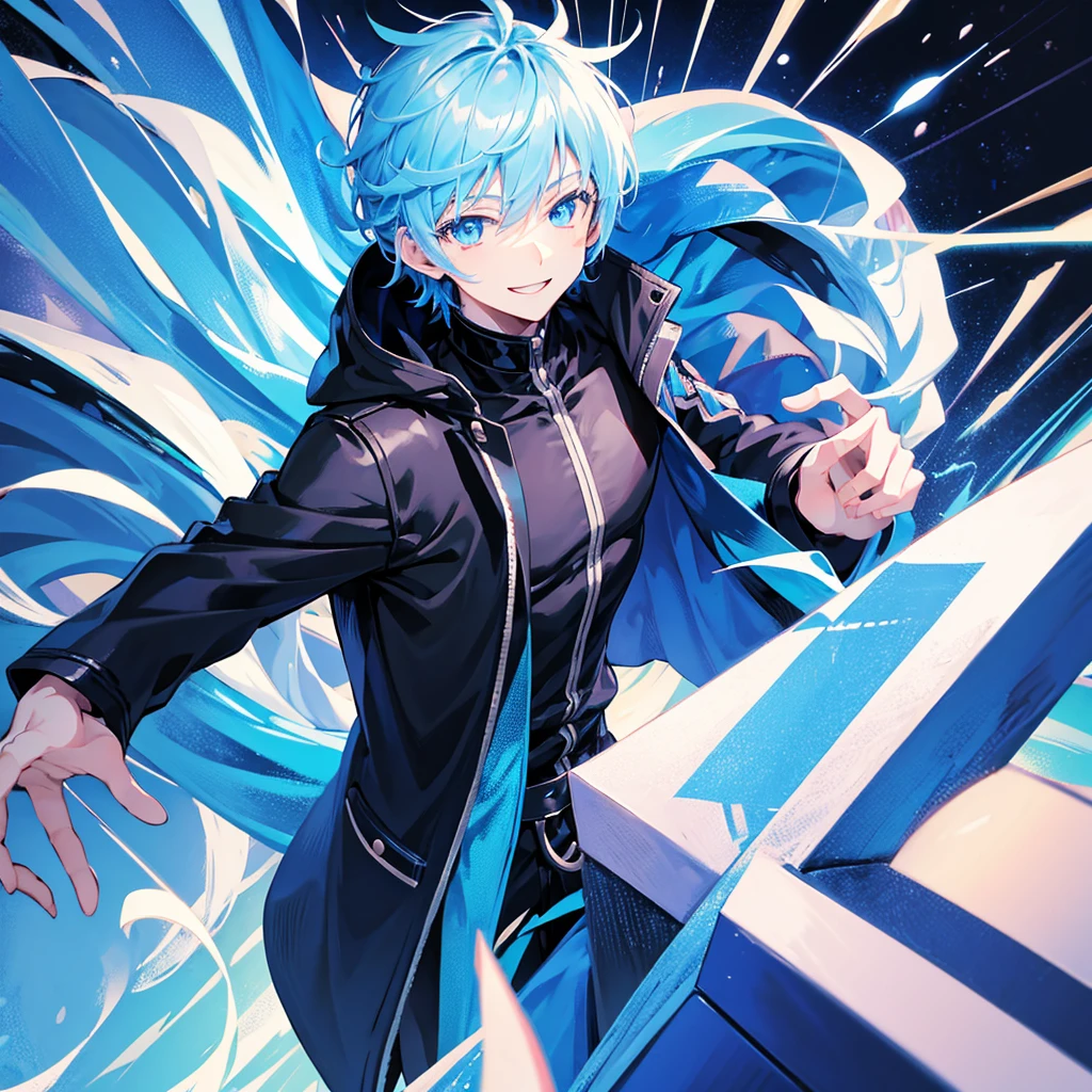 Anime, anime boy, blue eyes, cute, blue hairs, smiling, black coat, 15 years old, teen, smart, boy, male