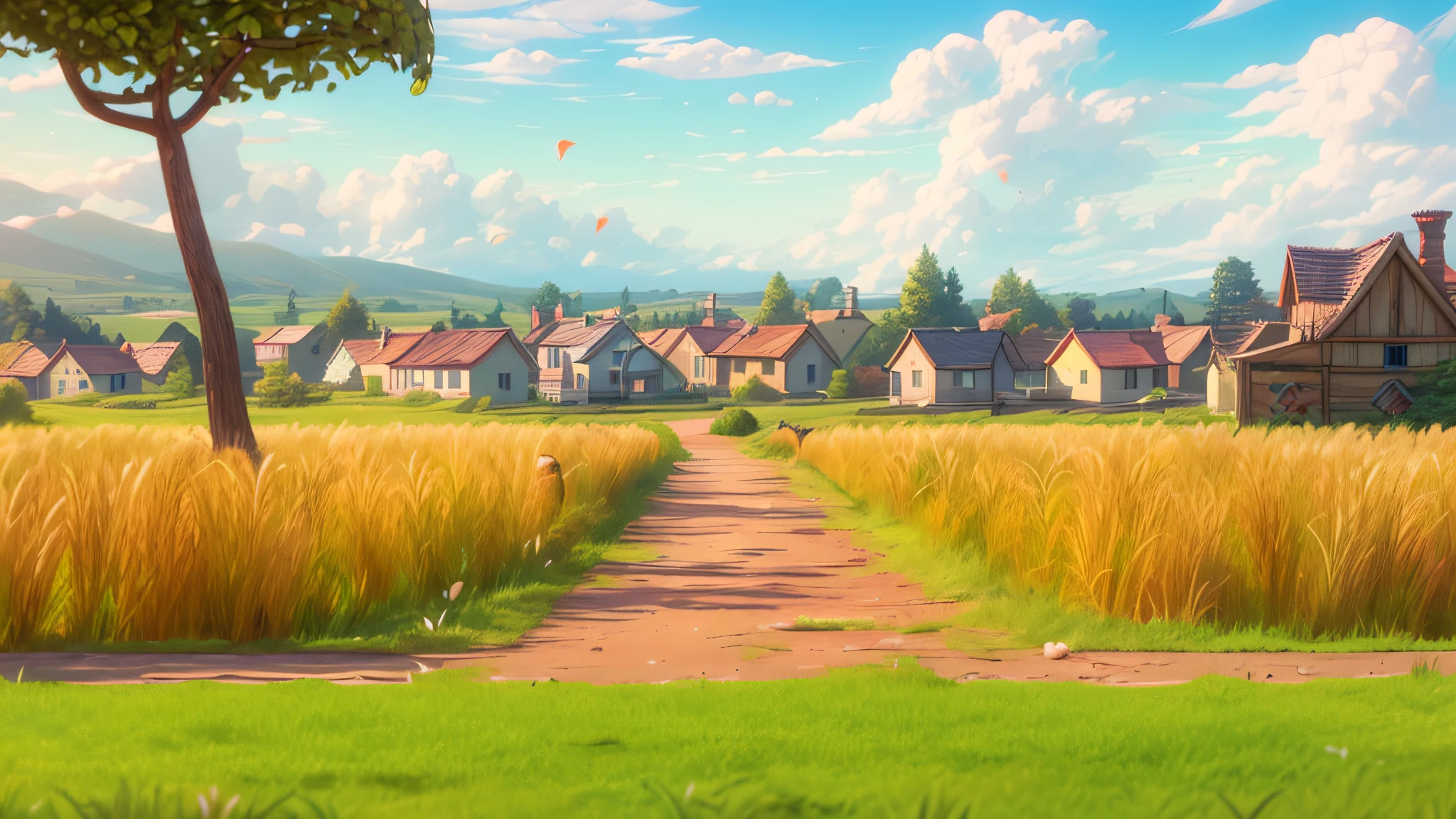low image contrast, low brightness, ((sunlight from the upper-top Left:1.5)), Pixar, 3d animation, 3d render, a farm in the countryside, afternoon daylight with long shadow, A field of yellow wheat, There is green grass growing in the bed of the wheat field and beneath of wheats, (cartoonish dirt road cuts through the field:1.3), a large tree. The barn has a red and some whit, in the left bottom corner there is grassland, high detail rendering, Vary rendering, Arnold render, Artistic 3d render, profession CG shooting, artistic composition, professional Framing, sharp and high detail image, vivid colors, daylight, highly detailed, film grain, crystal clear, intricate, smooth, elegant, masterpiece, 4k, 8k, GI lighting, hyper detailed, HD