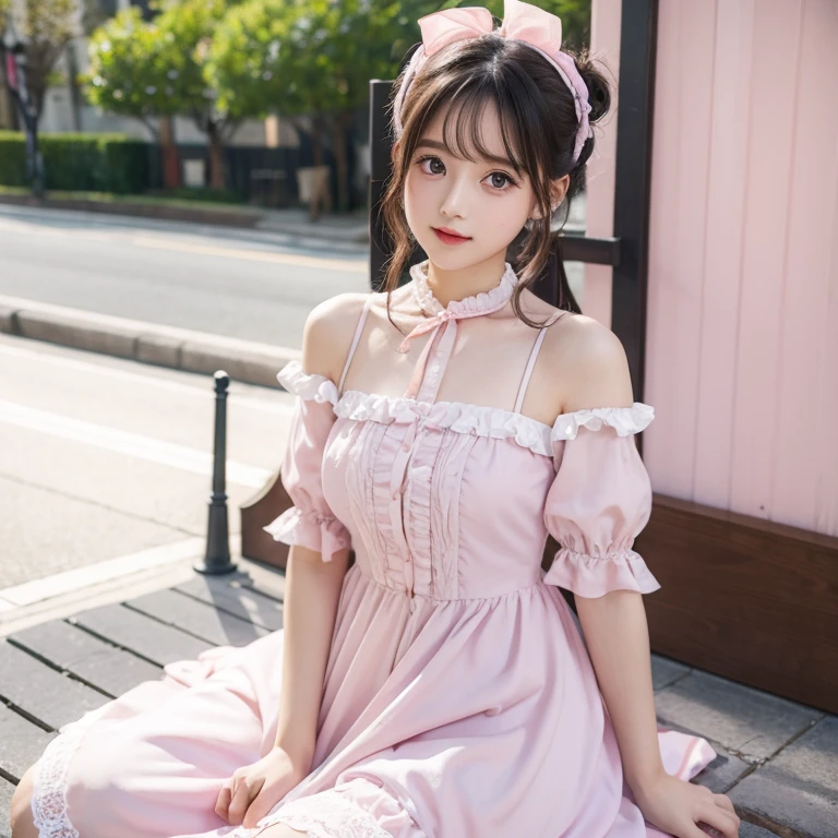 Photo Real、photoRealstic、ultra-detailliert、masutepiece、top-quality、8K shorth hair、Lots of bangs、Patsun、sense of touch、Thick tactile sensation、Crisp haptics、hime-cut、Himecut、Short tactile sensations Hanging eyes、Narrow-eyed、Young Face、The contours of the face are round、Cute s sixteen years old、skinny body、young body、Beautiful skin Clothes without sleeves、Fluffy、Lolita Fashion、onepiece、Lots of decorations for clothes Background with、In the street、alleyway