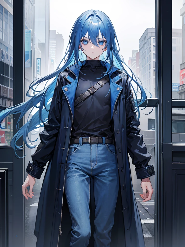 1boy,long blue hair,blue eyes,wearing blue black jacket coat,denim pants,dark rainy city,absurdres,high res,ultrasharp,8k,masterpiece,looking at viewer