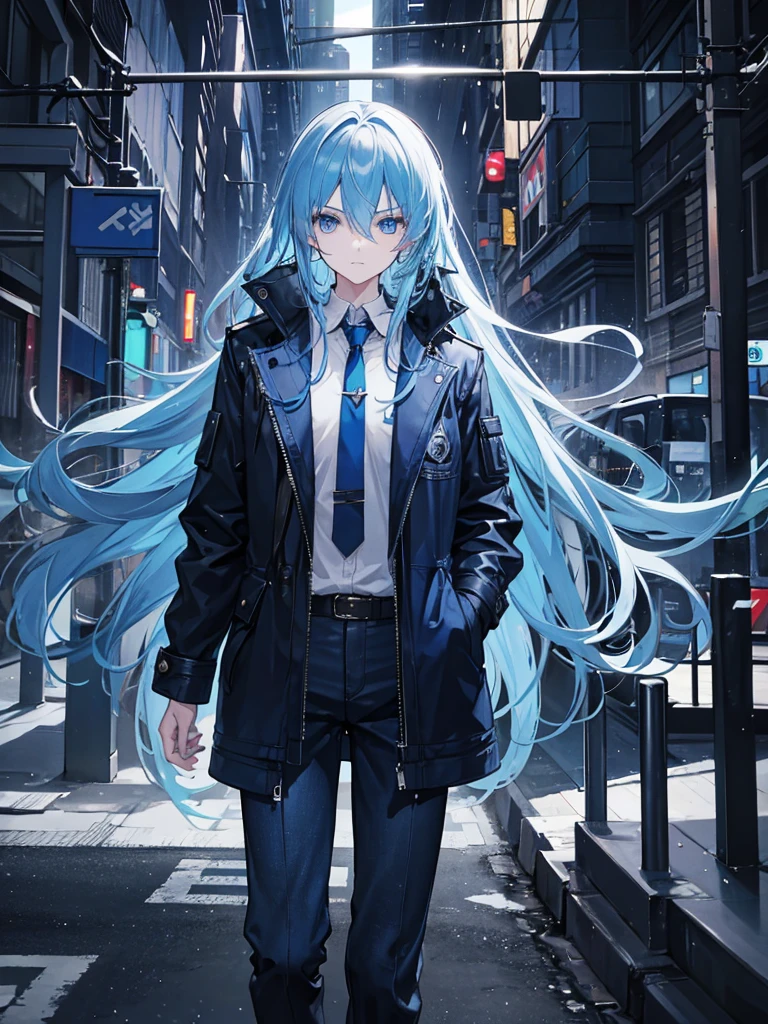 1boy,long blue hair,blue eyes,wearing blue black jacket coat,denim pants,dark rainy city,absurdres,high res,ultrasharp,8k,masterpiece,looking at viewer