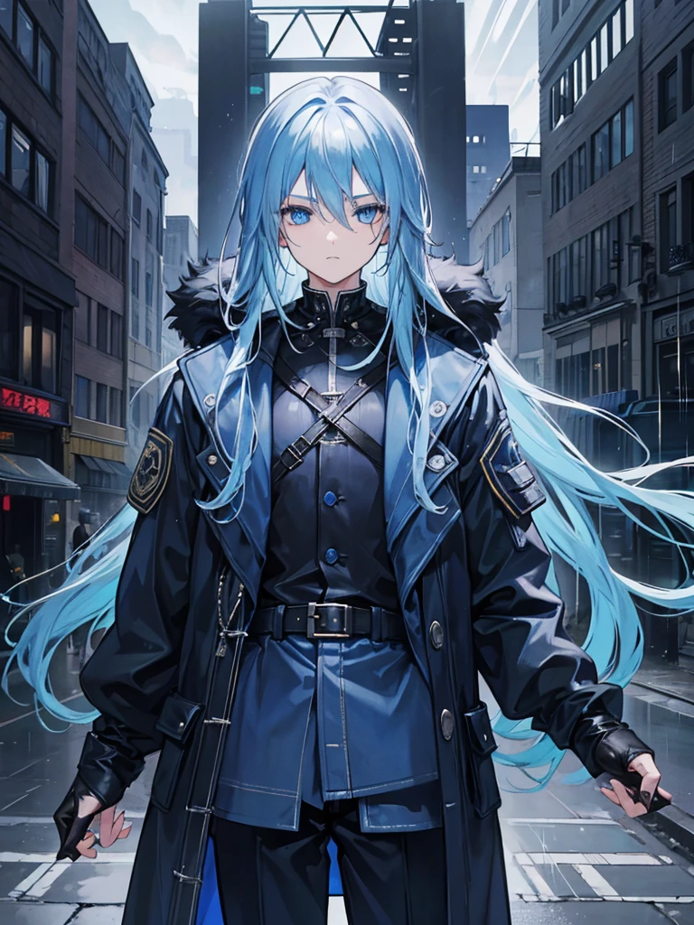 1boy,long blue hair,blue eyes,wearing blue black jacket coat,denim pants,dark rainy city,absurdres,high res,ultrasharp,8k,masterpiece,looking at viewer