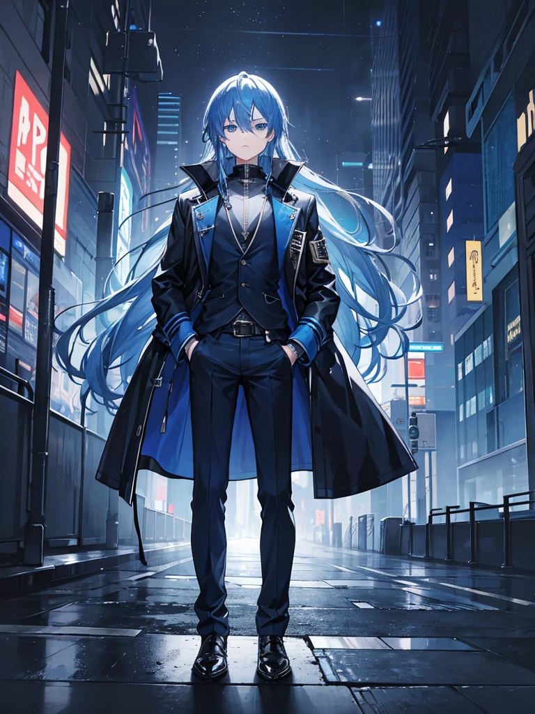1boy,long blue hair,blue eyes,wearing blue black jacket coat,denim pants,dark rainy city,absurdres,high res,ultrasharp,8k,masterpiece,looking at viewer