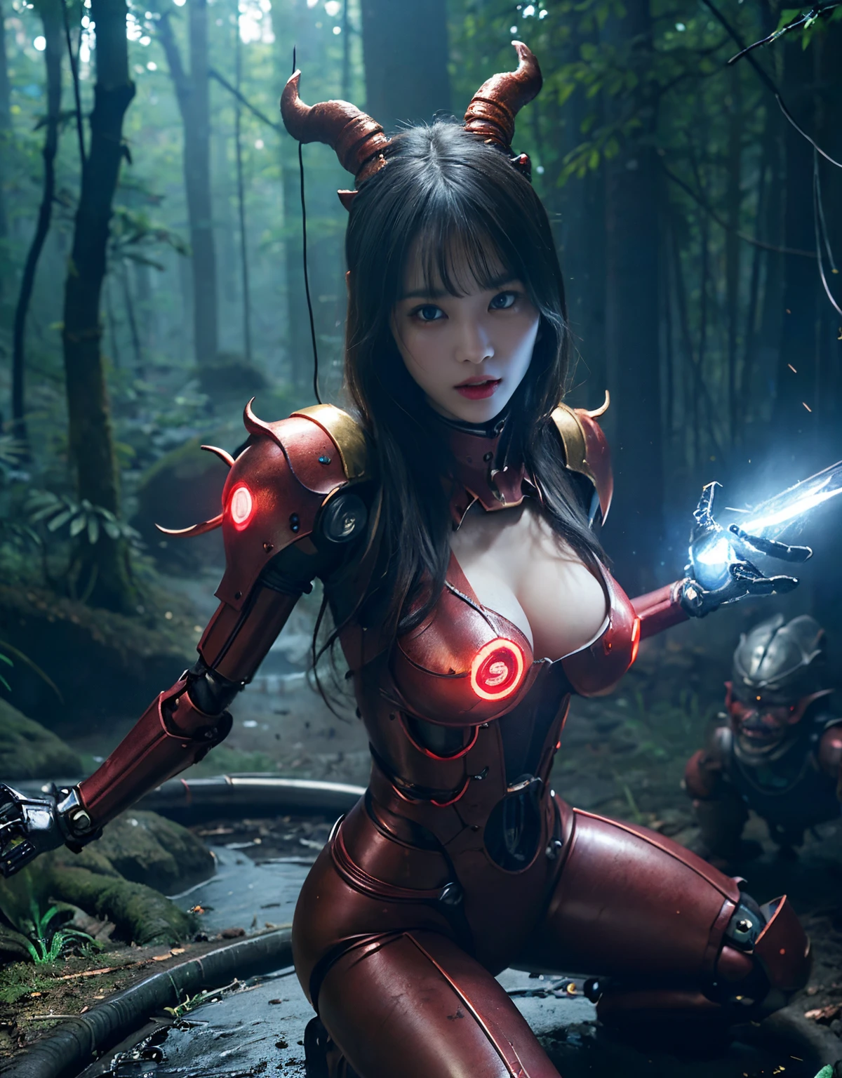 (1 Mechanical Girl)、top-quality、​masterpiece、超A high resolution、(Photorealsitic:1.4)、Raw photo、***1人、Fight mutants、glowy skin、(((1 Mechanical Girl)))、（Red Metal Bodysuit）、(Fight goblings、ogre、Fierce battle with orcs),（Fight fiercely against aliens）、Fight fiercely、(beautiful forest background)、(Fighting Demonic Beasts)、(Small LED)、((super realistic details))、portlate、(Strong giant demon beast background),globalillumination、Shadow、octan render、8K、ultrasharp、Colossal tits、Raw skin is exposed in cleavage、red metal、Details of complex ornaments、Japan details、highly intricate detail、Realistic light、(Mystical expression),CGSoation Trends、Blue eyes、radiant eyes、Facing the camera、neon details、(Mechanical limbs)、(blood vessels connected to tubes)、(Wires and cables connecting to the head)、Small LED、,Mechanical thighs、Toostock、（Hands are also made of machines）、（Attack of the Monster Beasts）、