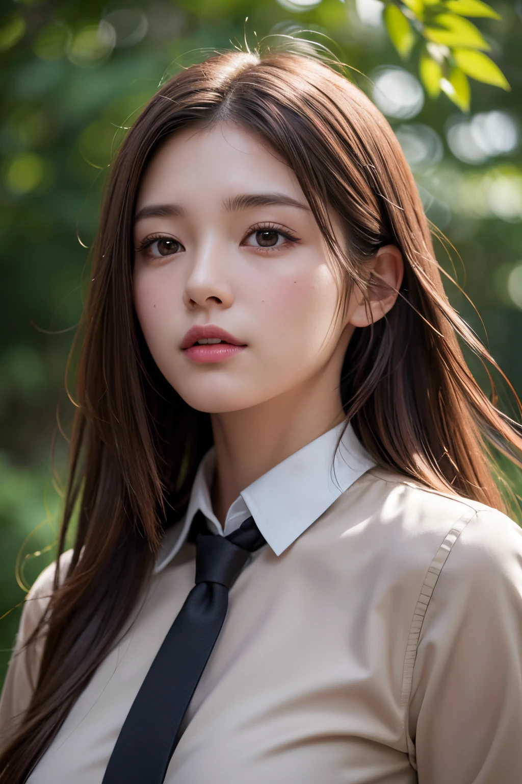 Photorealistic, masutepiece, Best Quality, Raw photo, 1girl in, Solo, Long hair, Brown hair, Detailed face, alluring face, Collared shirt, medium breasts, Dynamic Pose, Looking at Viewer, From below, Detailed background, fine detailed, intricate detailes, Ray tracing, depth of fields, lowkey, nffsw