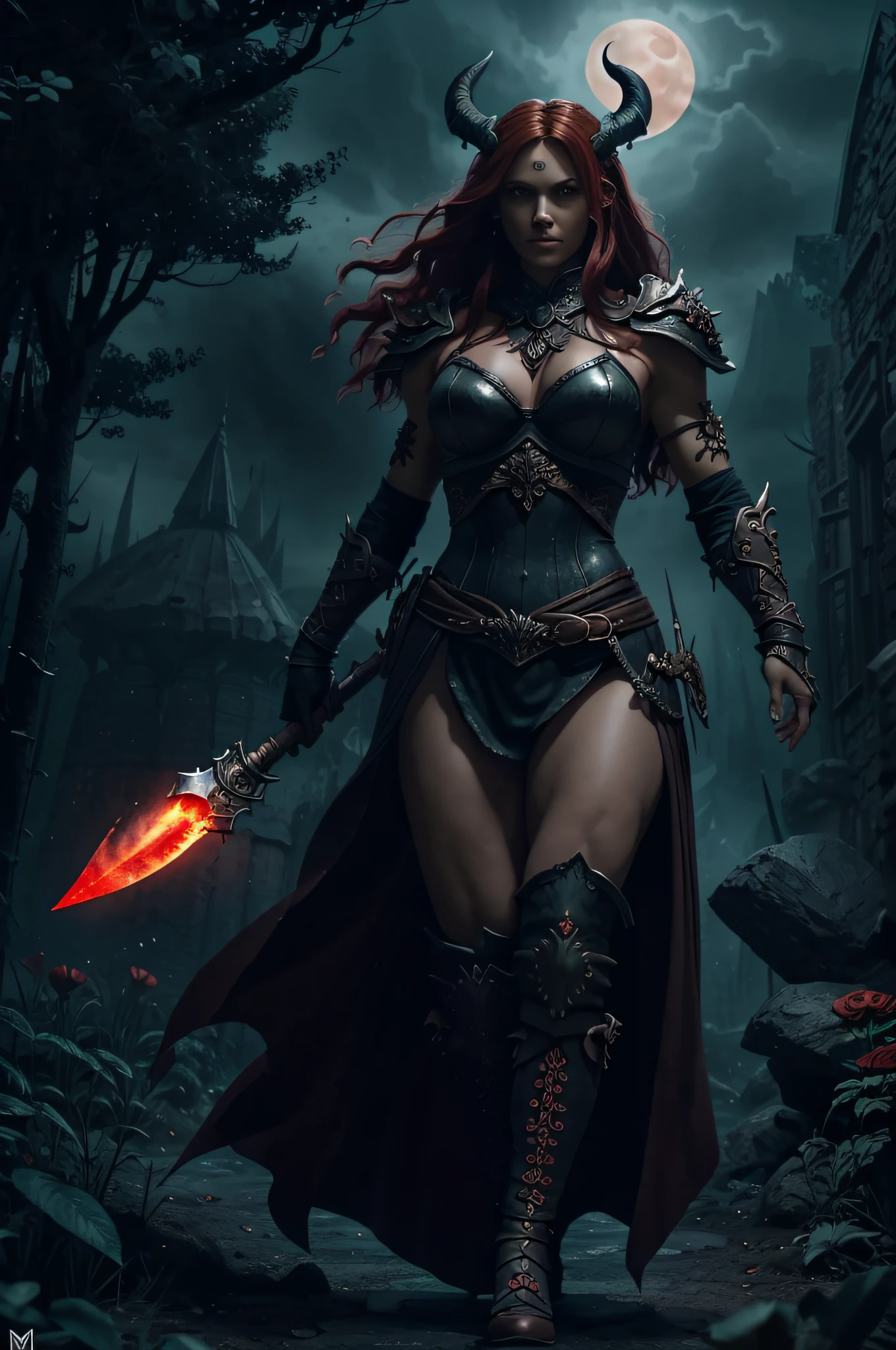 Generate an image featuring a lone female barbarian with flowing red hair, confidently walking towards a tall, ominous dark tower in the midst of a surreal landscape. Surround the barbarian with a field of blood-red roses, each petal detailed with intensity. Above, paint a blood-red moon in the sky casting an eerie glow. Emphasize the barbarian's muscular physique, clad in ornate and detailed armor befitting her fierce nature, wielding a formidable weapon. Adorn her with a crown of demon horns that adds to her fearsome presence. Use Vallejo's signature style to infuse the scene with dramatic lighting, creating deep shadows and vibrant highlights. Capture the essence of Vallejo's fantasy realism, blending the heroic and the mysterious in this epic composition.