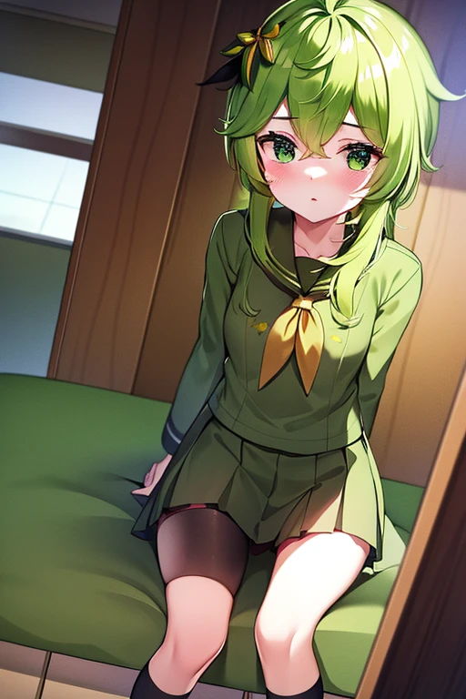green hair, school uniform