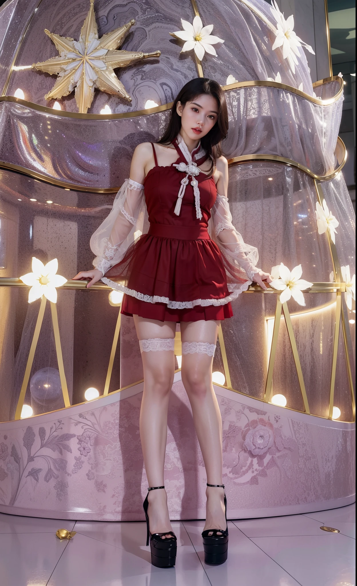 ((best quality)), ((masterpiece)), ((1girl)), solo, Ferry, ((Brown long hair)), FerryBase, ((thighhighs)), Red lips, ((jewelry)), ((sleeveless)), white dress, pink skirt, white shoot from below, thighs exposed, red Lace gloves, thigh-high.