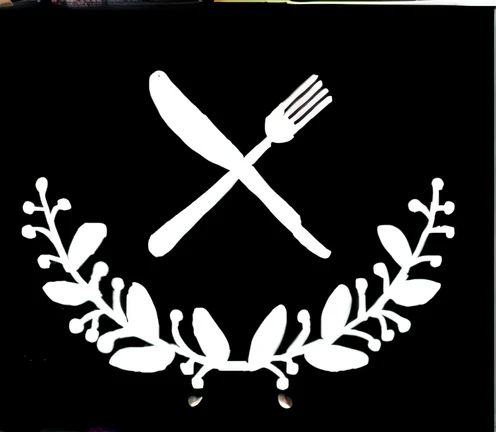 Close-up of a fork and knife with a wreath of leaves, restaurant, cutlery, black fork, avatar image, profile image, Fork fork, cuisine, Eating, gourmet restaurants, upscale restaurant, Lunch delivery logo, Fine dining, Fork fork fork, Black and white logo, There is no restaurant, Slice of Life, hawke, dinner is served, plated