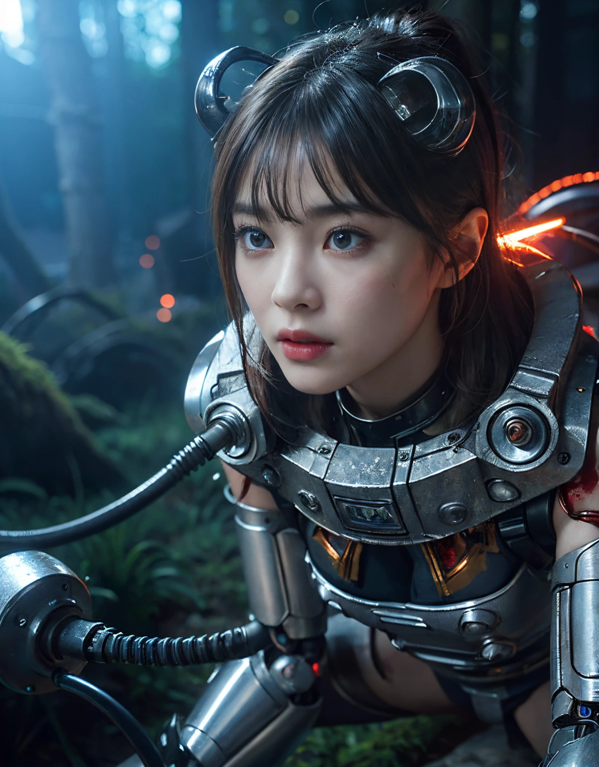 (1 Mechanical Girl)、top-quality、​masterpiece、超A high resolution、(Photorealsitic:1.4)、Raw photo、女の子1人、Fight mutants、glowy skin、(((1 Mechanical Girl)))、（Red Metal Bodysuit）、(Fight goblings、ogre、Fierce battle with orcs),（Fight fiercely against aliens）、Fight fiercely、(beautiful forest background)、(Fighting Demonic Beasts)、(Small LED)、((super realistic details))、portlate、(Strong giant demon beast background),globalillumination、Shadow、octan render、8K、ultrasharp、Colossal tits、Raw skin is exposed in cleavage、red metal、Details of complex ornaments、Japan details、highly intricate detail、Realistic light、(Mystical expression),CGSoation Trends、Blue eyes、radiant eyes、Facing the camera、neon details、(Mechanical limbs)、(blood vessels connected to tubes)、(Wires and cables connecting to the head)、Small LED、,Mechanical thighs、Toostock、（Hands are also made of machines）、（Attack of the Monster Beasts）、