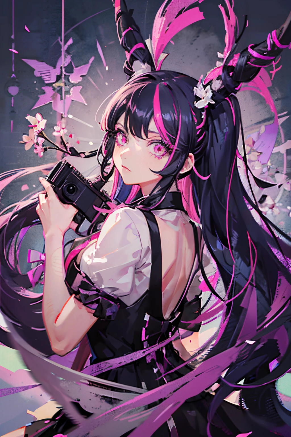 Generate character called Ibuki Mioda from "Danganronpa" series, colorful palette, camera slightly off to the side, slightly bowed hair, pink eyes, neutral face, squinted eyes, black hair with a few blue-pink streaks, some flowers, stylized look, make her not looking at viewer