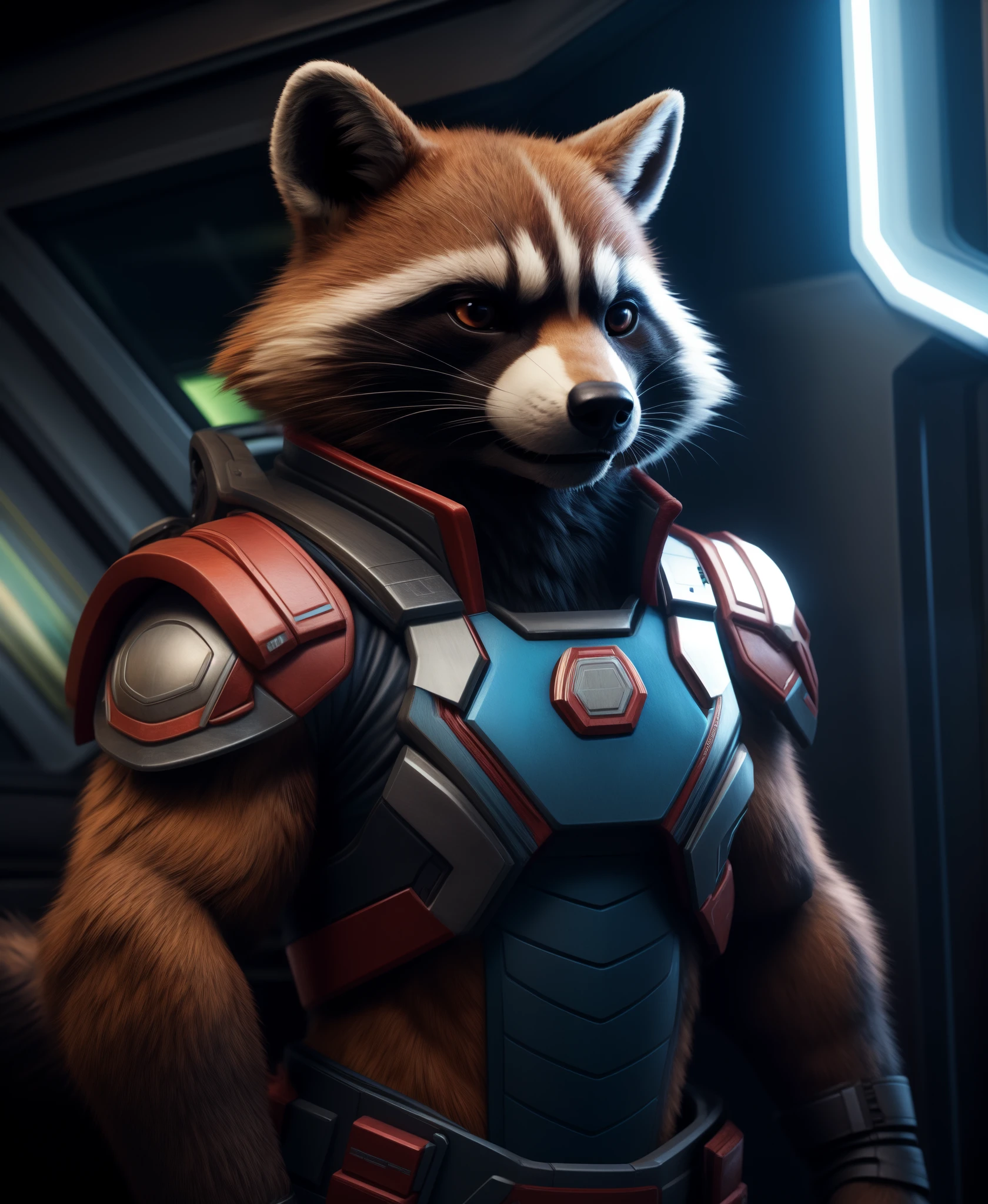 best quality, highly detailed, photo of slim rocket raccoon, guardian of the galaxy uniform, HD photography, realistic detailed fur, movie still